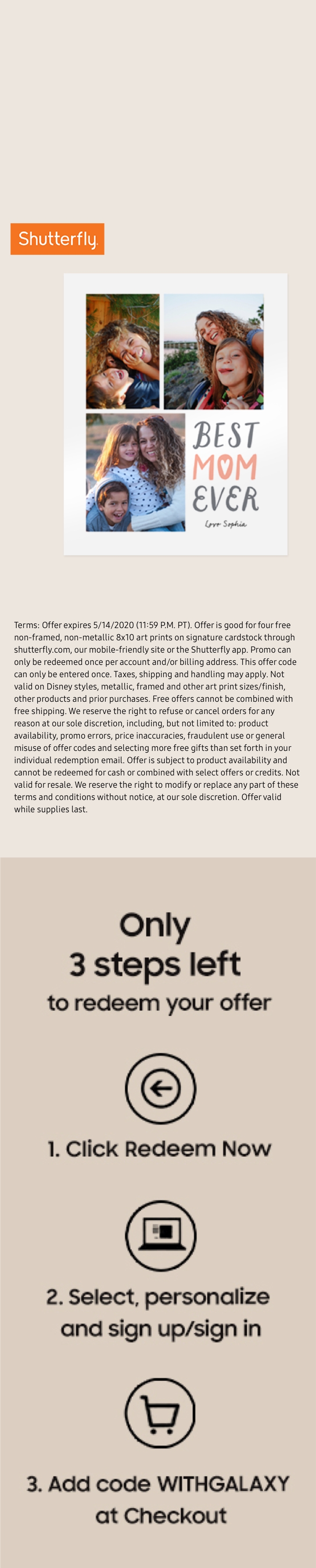 A Shutterfly offer for a personalized Mother's Day greeting card. There is a collage featured with three different prints of a young girl photographed with her mother