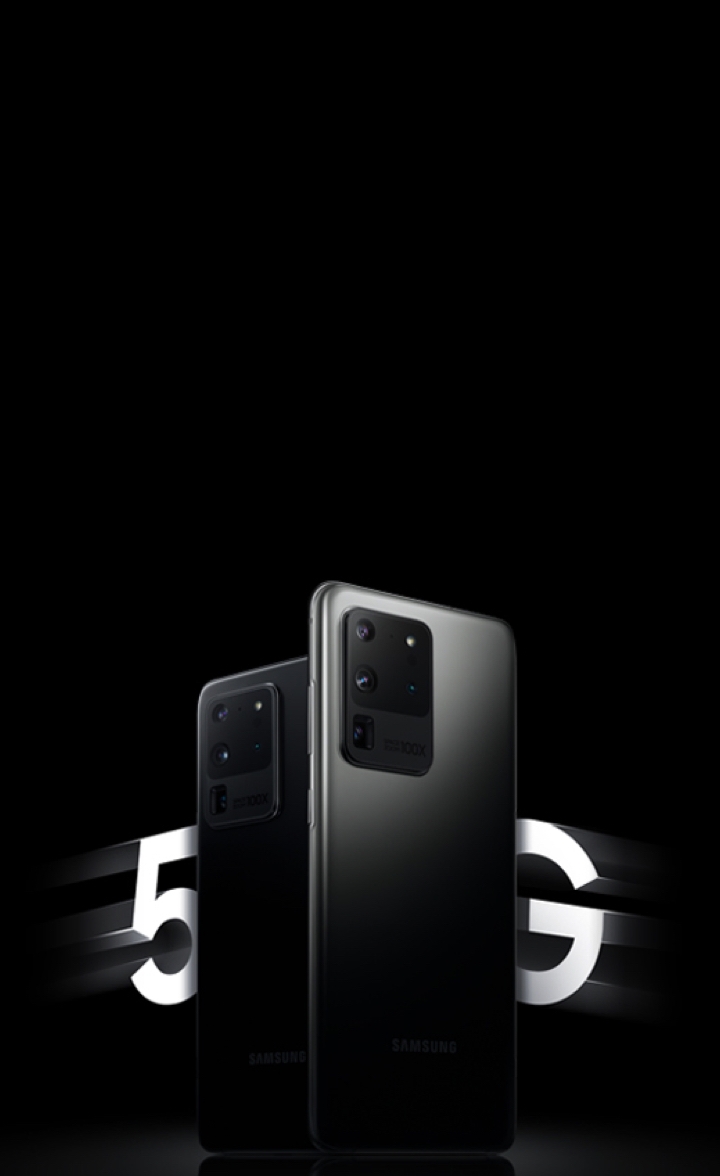 The rearview of two Galaxy S20 Ultra 5G phones in Cosimic Black (left) and Cosmic Grey (right) slightly facing each other on a diagonal. '5G' is in white bold typeface in the background.