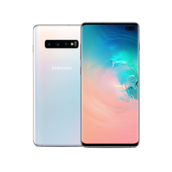 Back of a prism white Galaxy S10+ phone, with the front of a black Galaxy S10+ phone slightly overlaying on top