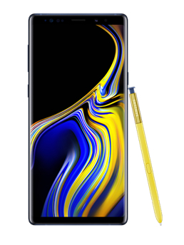 Samsung Galaxy Note9 phone shown from the front with an S Pen leaning against its side Samsung Galaxy Note9 phone shown from the front with an S Pen leaning against its side