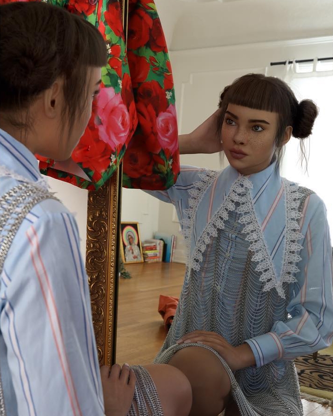 Lil Miquela in what looks like her bedroom, checking herself out in the mirror