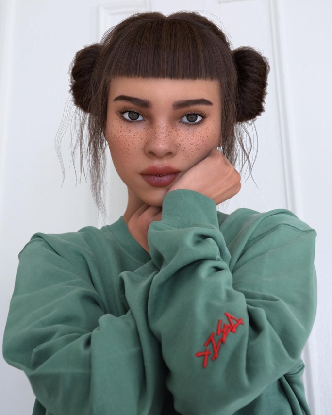 Lil Miquela with a contemplative look, cupping her face while staring directly into the camera
