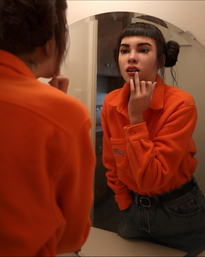 Lil Miquela dressed in a bright orange top and dark jeans leaning in and looking at herself in the mirror