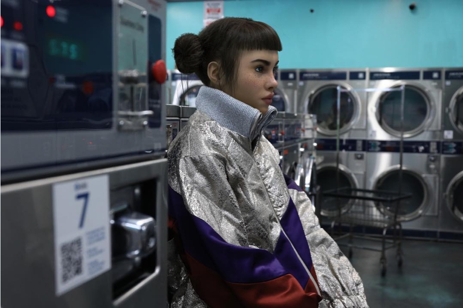 Side profile shot of Lil Miquela sitting at the laundromat wearing a silver puffer coat