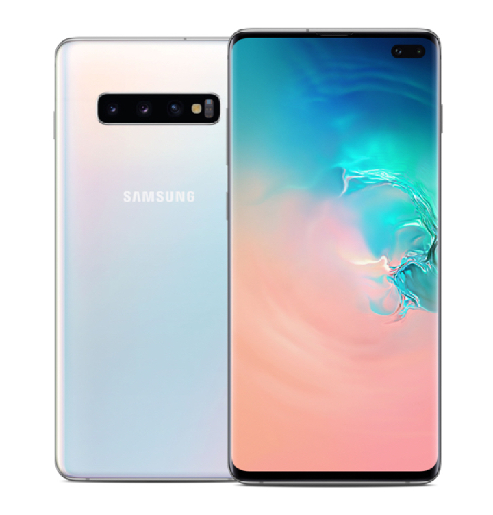 Back of a prism white Galaxy S10+ phone, with the front of a black Galaxy S10+ phone slightly overlaying on top