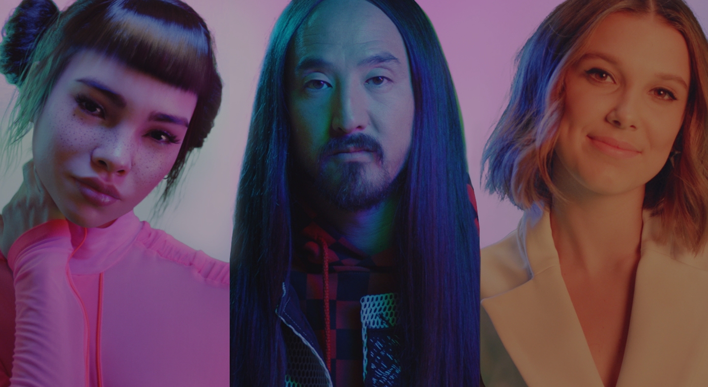 #TeamGalaxy members together including Millie Bobbie Brown looking up at Steve Aoki with his arms extended; Lil Miquela looks at the camera straight on.