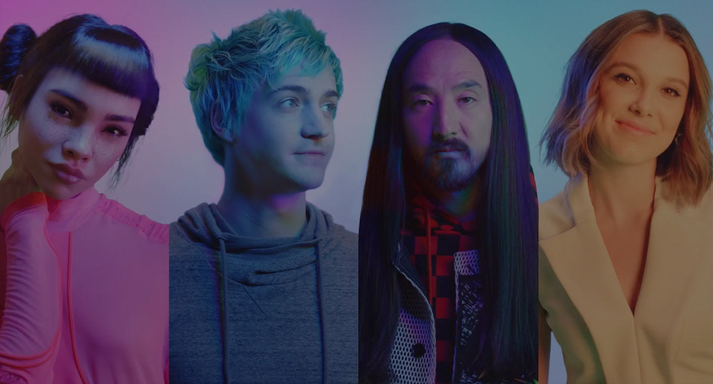 #TeamGalaxy purplish blue-toned collage featuring headshots of (LTR): Lil' Miquela with her head tilted to the right and staring directly into the camera; Ninja looking off to his right side as he sports a grey hoodie; Steve Aoki in a red and black flannel, staring straight ahead into the camera; and Millie Bobby Brown in a white blazer, smiling for the camera.