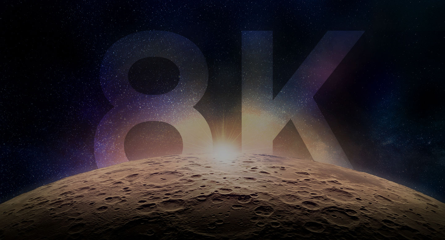 Surface of moon with a sun burst behind it, and the number and letter 8K with an image of stars showing inside the letter and number