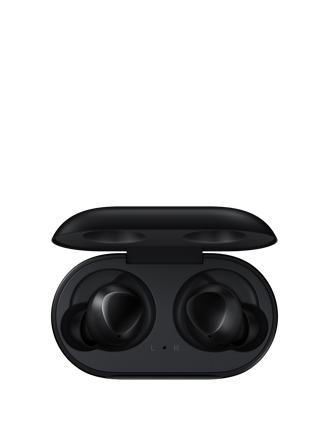 Black pair of Galaxy Buds shown inside an open, black charging case