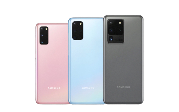 Back view of a cloud pink Galaxy S20 phone with a front-facing Galaxy S20, with colourful wallpaper, overlaying on top Back view of a cloud pink Galaxy S20 phone with a front-facing Galaxy S20, with colourful wallpaper, overlaying on top