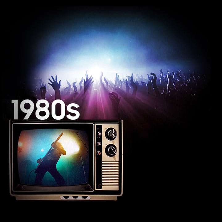 background image of a concert audience with their hands raised. On the screen of a 1980’s era television is a guitarist playing on a stage