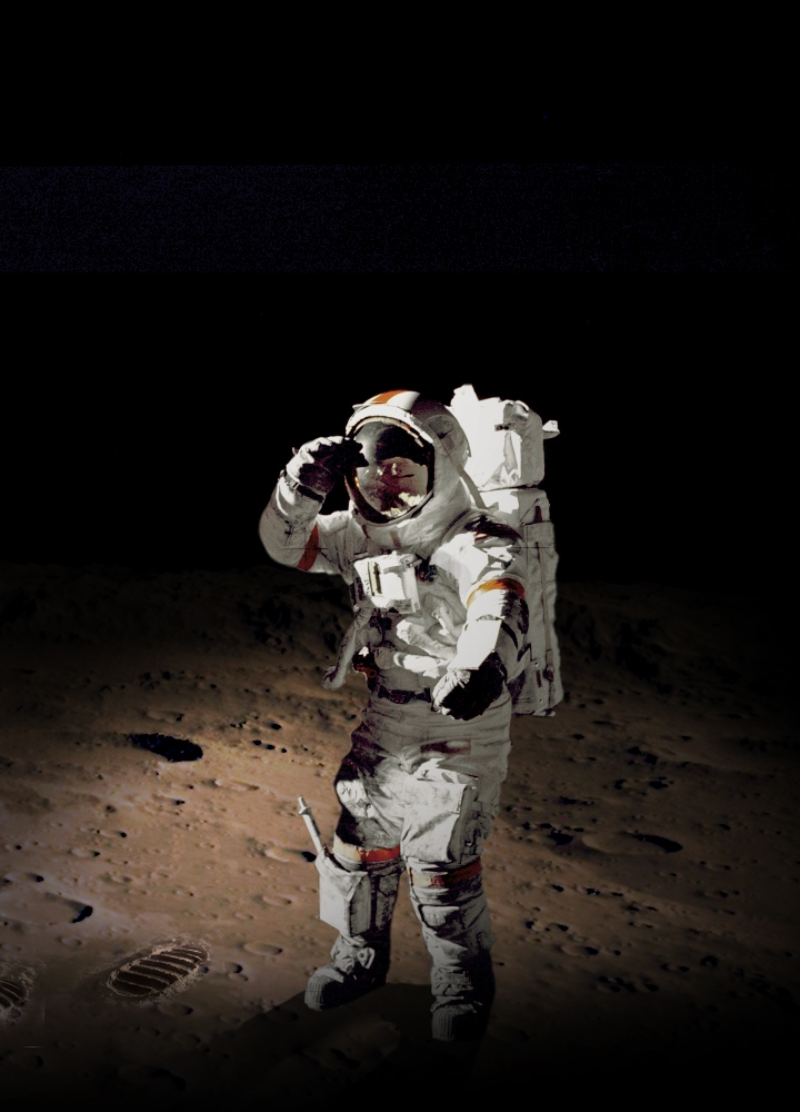 astronaut standing on the surface of the Moon with footprints showing next to the astronaut