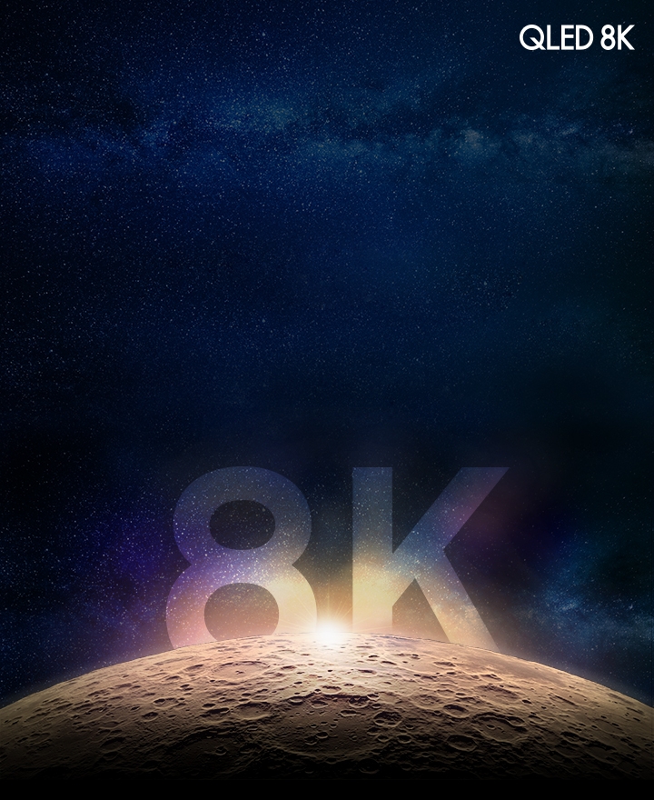 surface of moon with a sun burst behind it, and the number and letter 8K with an image of stars showing inside the letter and number
