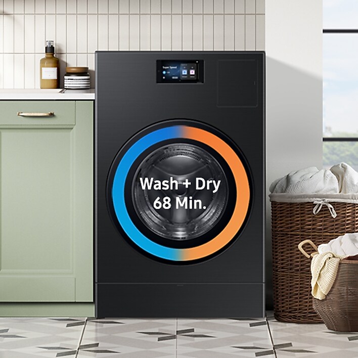 Ultra capacity combo, 68-minute wash + dry cycle Front view of Vented All-In-One Washer and Dryer Combo showing fast laundry cycle