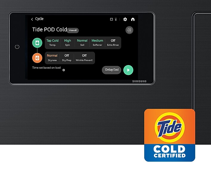 Close up view of LCD display using Tide POD cycle and Tide Cold Certified logo