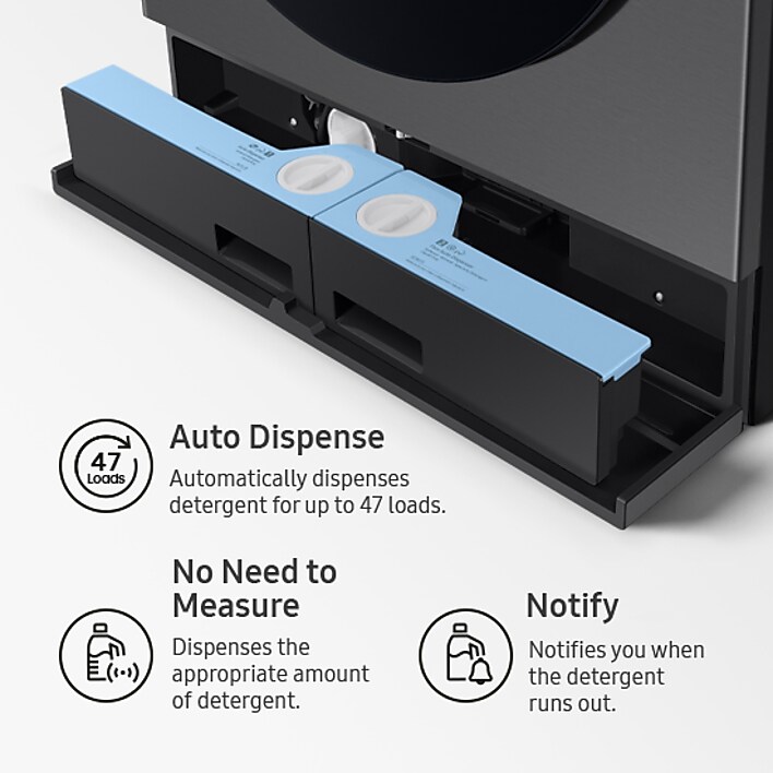 Bottom view of washer dry combo with detergent compartment showing auto dispense features Bottom view of washer dry combo with detergent compartment showing auto dispense features