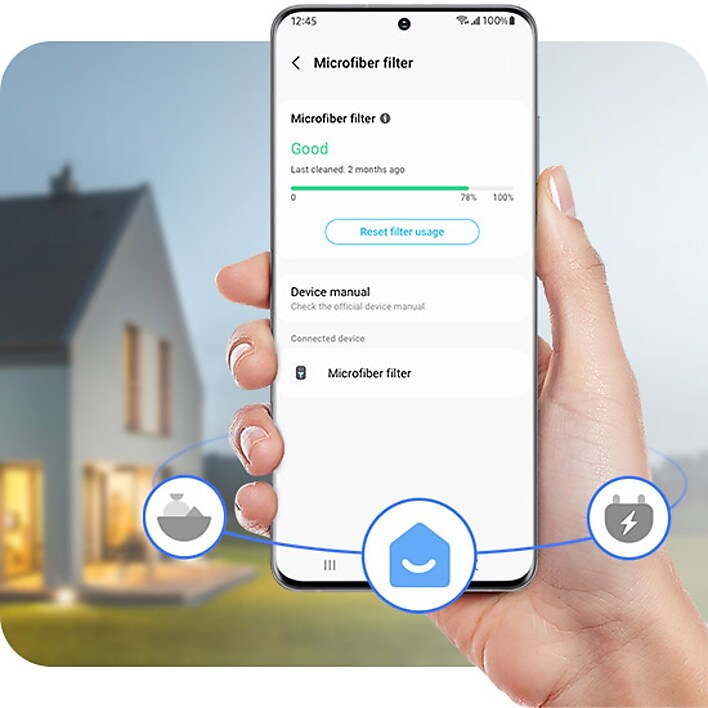 Smartphone showing the Less Microfiber™ Filter with the SmartThings app, allowing users to monitor microfiber filter status. Smartphone showing the Less Microfiber™ Filter with the SmartThings app, allowing users to monitor microfiber filter status.