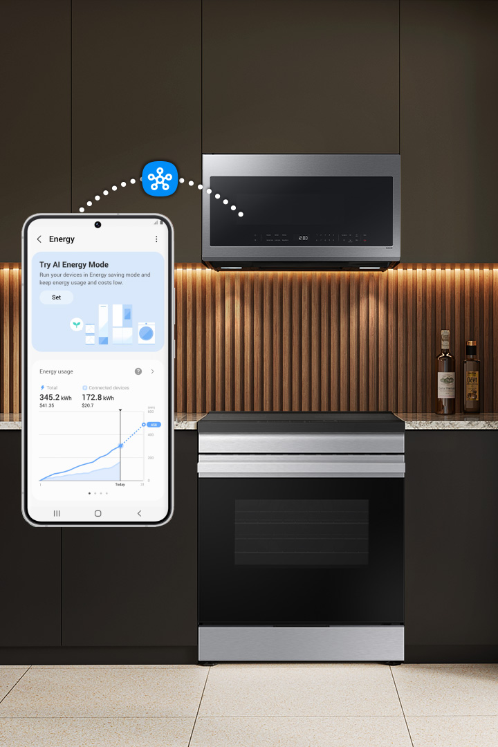 SmartThings app on smartphone controlling Samsung Over the Range Microwave