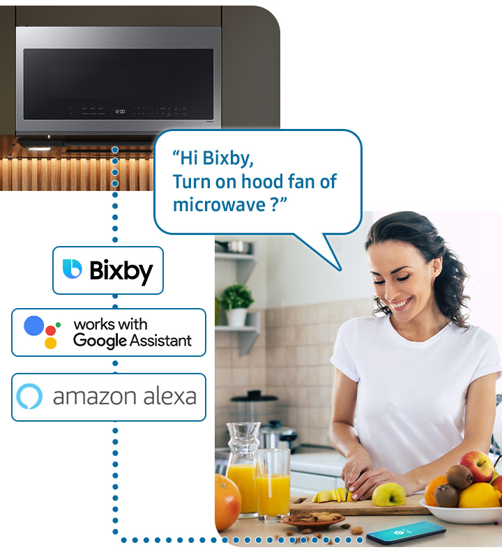 Person using voice activation feature on Samsung Over the Range Microwave