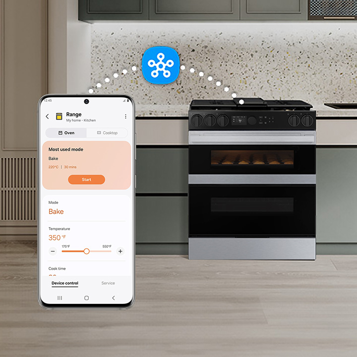 Preheat and plan meals on the go Samsung Stainless Steel Slide-In Dual Fuel Range with SmartThings