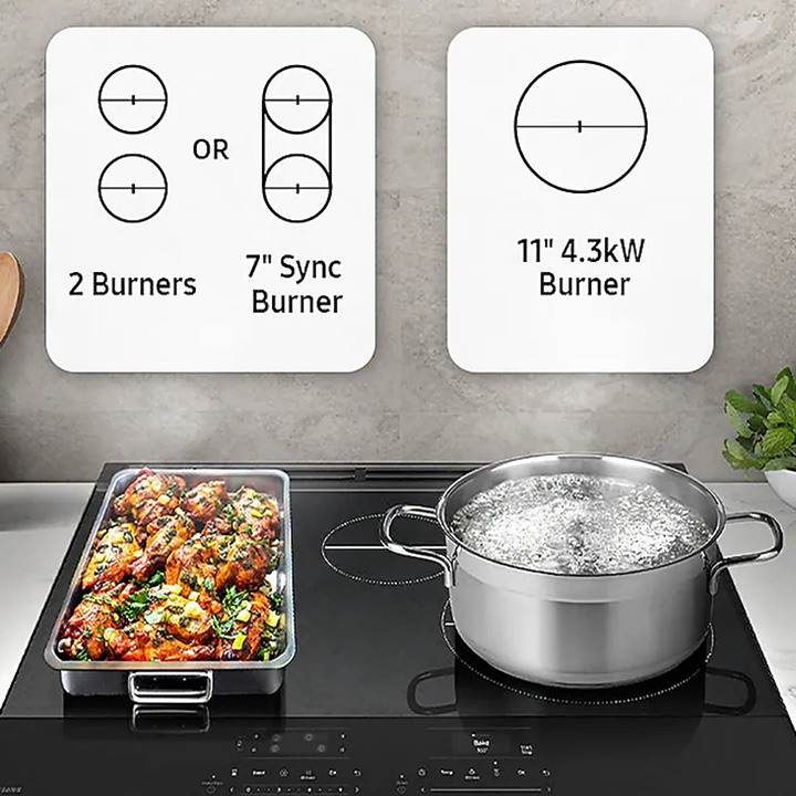 4.3kW Induction Cooktop with 7" Sync Burner Samsung Stainless Steel Slide-In Induction Range with 4.3kW ooktop and 7” Sync Burner
