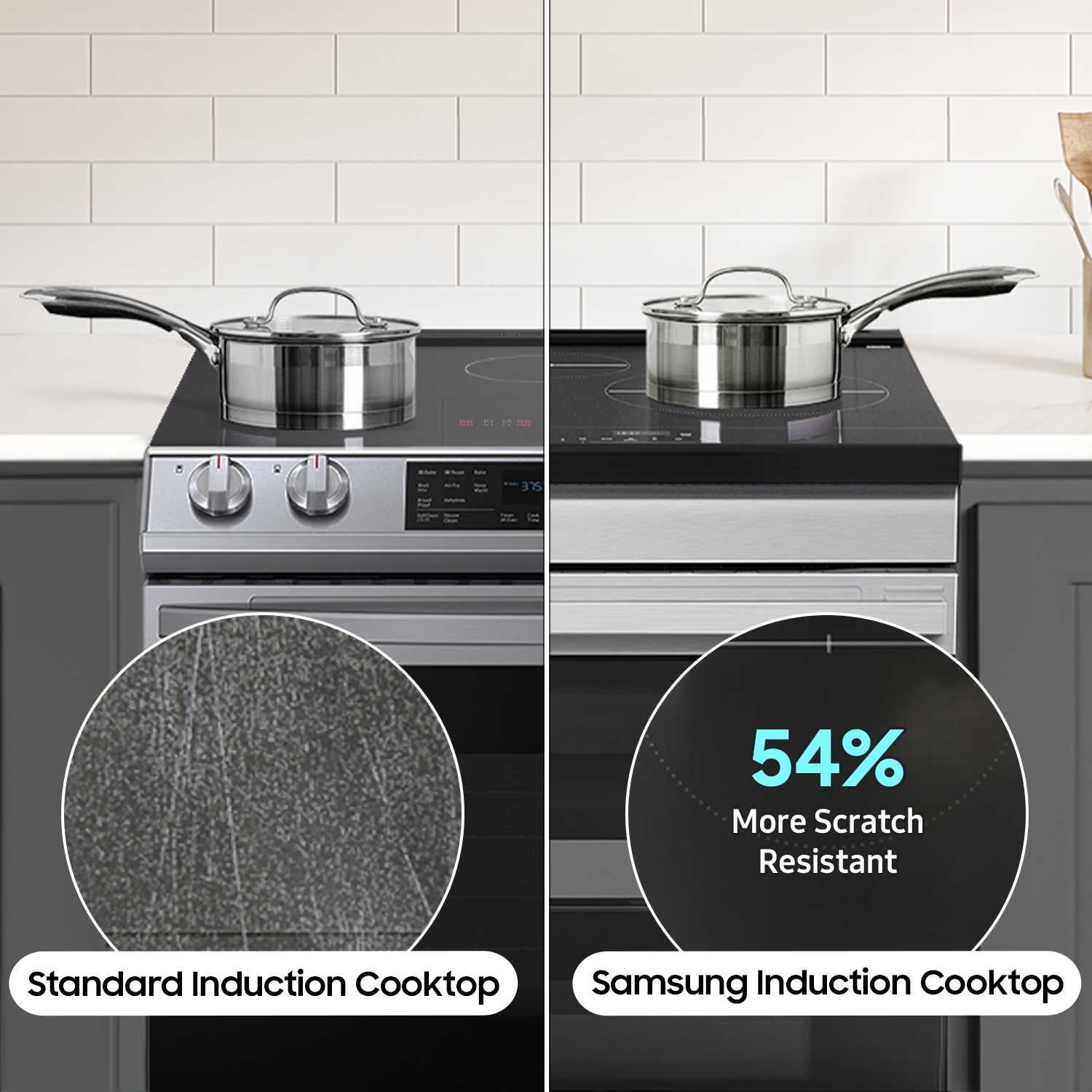 54% more scratch resistant Samsung Stainless Steel Slide-In Induction Range with Anti-Scratch Matte Glass Cooktop