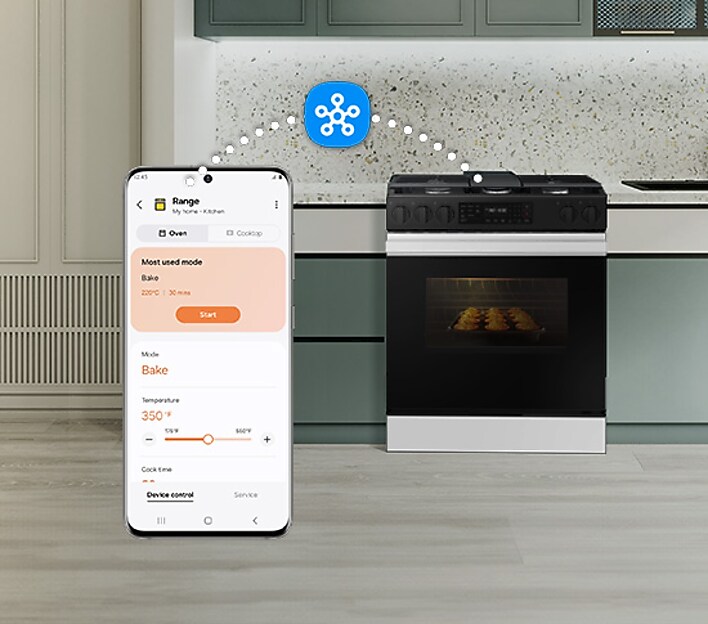 Preheat and plan meals on the go Slide-in range near a person controlling the oven from their smartphone