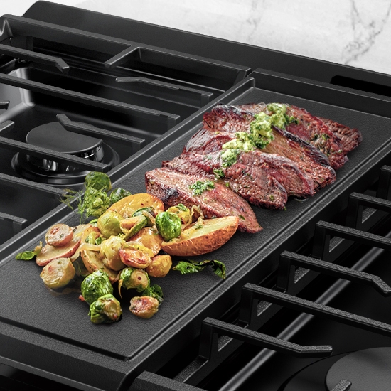 Grill breakfast, lunch and dinner. Samsung Stainless Steel Slide-In Gas Range with Embedded Griddle