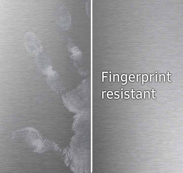 All shine Stainless steel panel with finger prints and a fingerprint resistant panel without finger prints