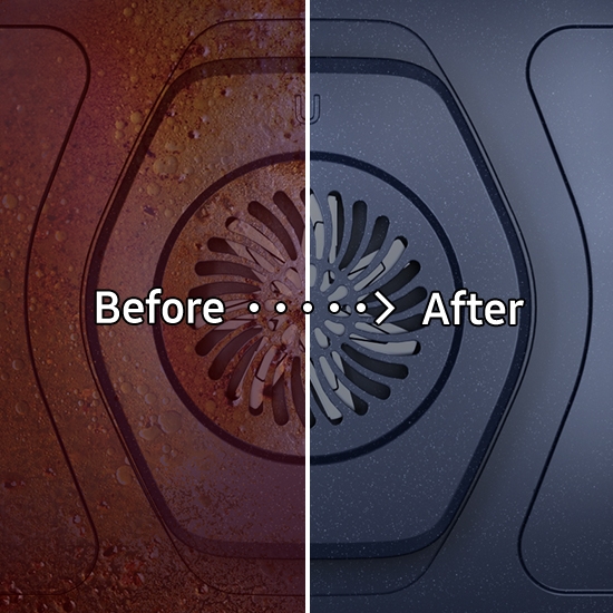 Does the hard work for you Side-by-side Image of a Convection Oven Before and After Self Clean