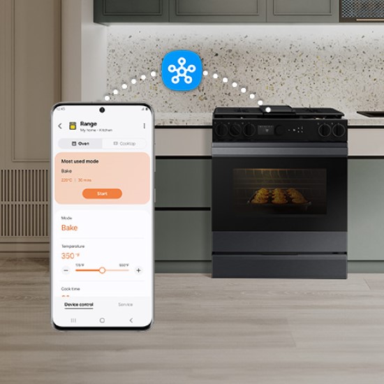Preheat and plan meals on the go Samsung Matte Black Steel Slide-In Gas Range with SmartThings