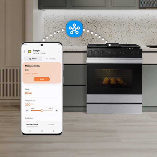 Preheat and plan meals on the go Samsung Stainless Steel Slide-In Gas Range with SmartThings