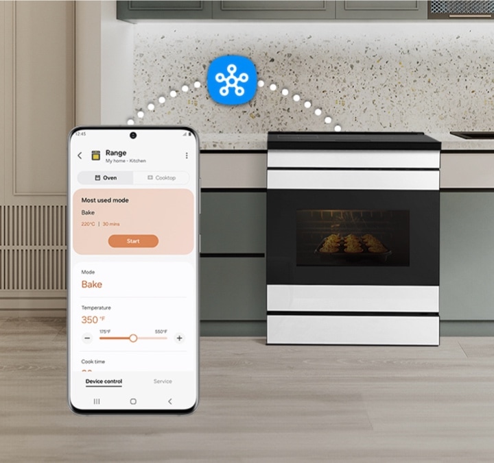 Preheat and plan meals on-the-go Smartphone Connecting to a Bespoke Oven Range in a Custom Kitchen