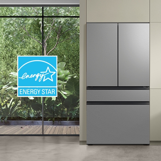 ENERGY STAR<sup>®</sup> Certified French Door Refrigerator in kitchen with Energy Star logo