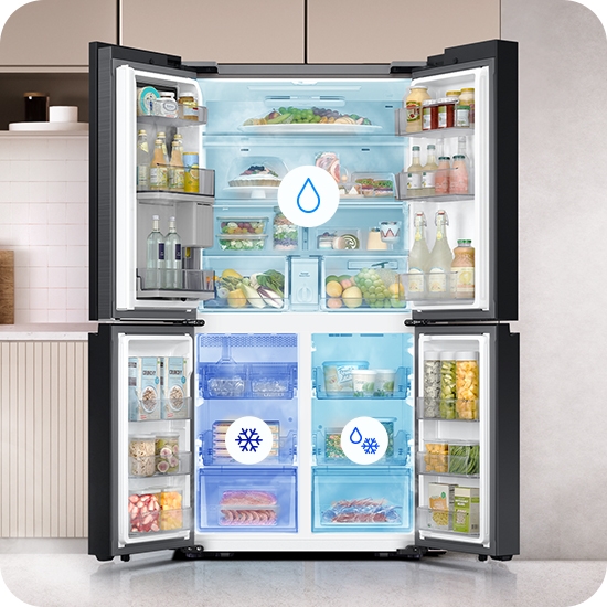 Inside view of Samsung Bespoke 4-Door Flex refrigerator Inside view of Samsung Bespoke 4-Door Flex refrigerator