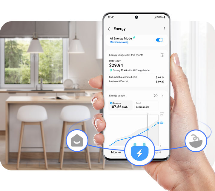 Helps you use up to 10% less household energy<sup>4</sup> Person using SmartThings app to control home appliances energy