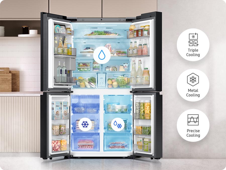 Powerful cooling performance Inside view of Samsung Bespoke Family Hub refrigerator