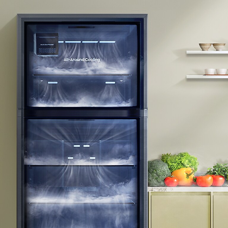 Refrigerator interior showing all-around refrigerator cooling technology Refrigerator interior showing all-around refrigerator cooling technology