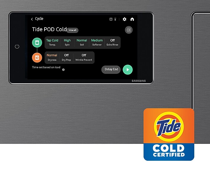 Close up view of LCD display using Tide POD cycle and Tide Cold Certified logo