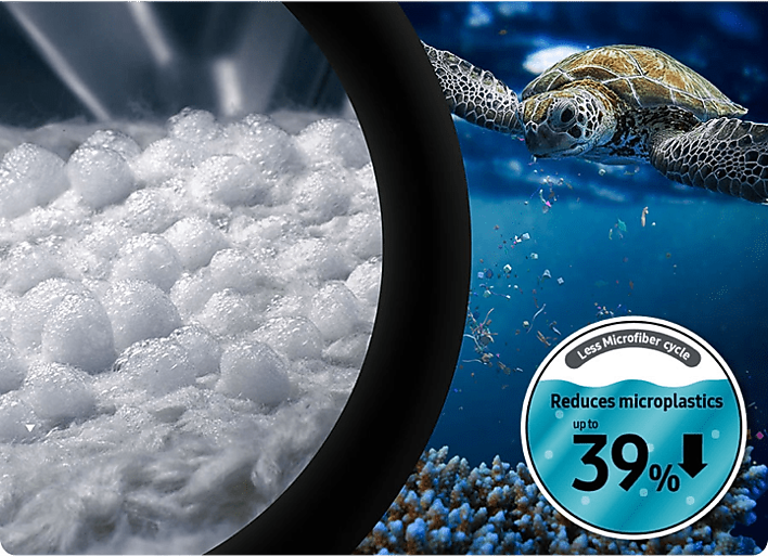 Microplastic reduction features with cleansing foam inside drum and ocean scene with sea turtle Microplastic reduction features with cleansing foam inside drum and ocean scene with sea turtle