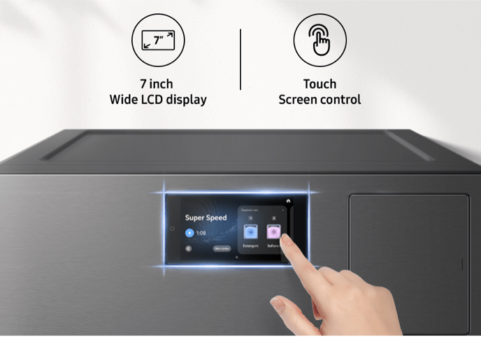 Intuitive AI Home Touchscreen with SmartThings Hub Person using touchscreen LCD display on the front of the washer dryer combo