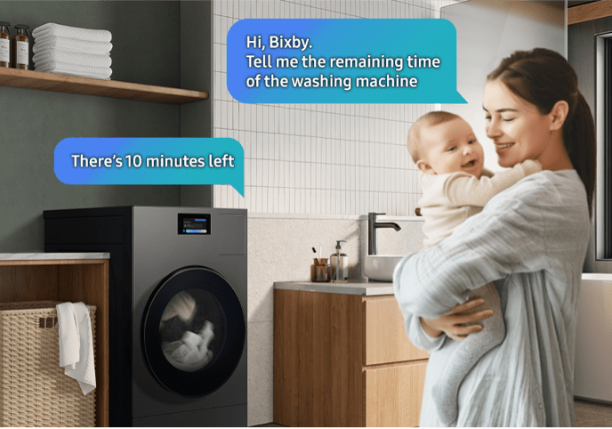 Easy hands-free voice activation Person holding baby while using voice command feature of the all-in-one washer dryer