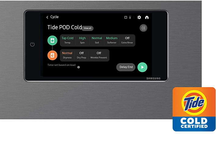 Close up view of LCD display using Tide POD cycle and Tide Cold Certified logo
