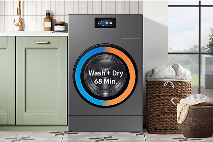 Ultra capacity combo, 68-minute wash + dry cycle Front view of Vented All-In-One Washer and Dryer Combo showing fast laundry cycle