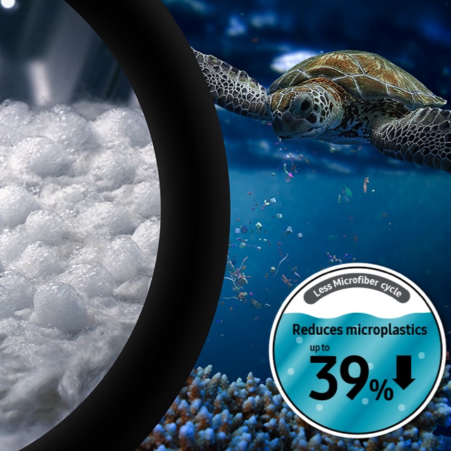 Side by side view of microfibers and sea turtle Side by side view of microfibers and sea turtle