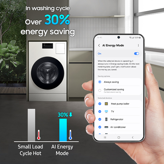 Person with smartphone connected to washer dryer via SmartThings and showing energy efficiency Person with smartphone connected to washer dryer via SmartThings and showing energy efficiency