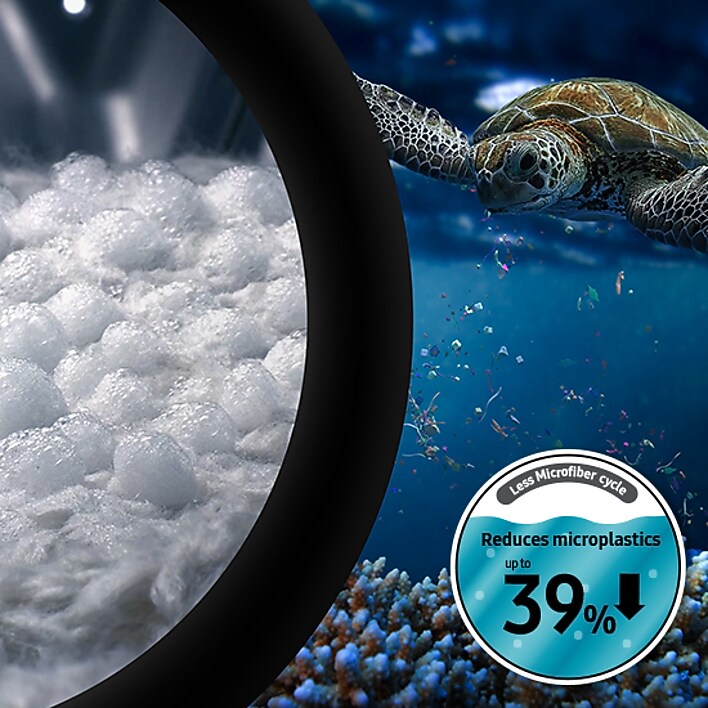 Microplastic reduction features with cleansing foam inside drum and ocean scene with sea turtle Microplastic reduction features with cleansing foam inside drum and ocean scene with sea turtle