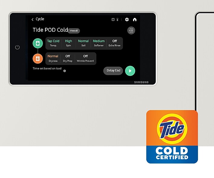 Close up view of LCD display using Tide POD cycle and Tide Cold Certified logo Close up view of LCD display using Tide POD cycle and Tide Cold Certified logo
