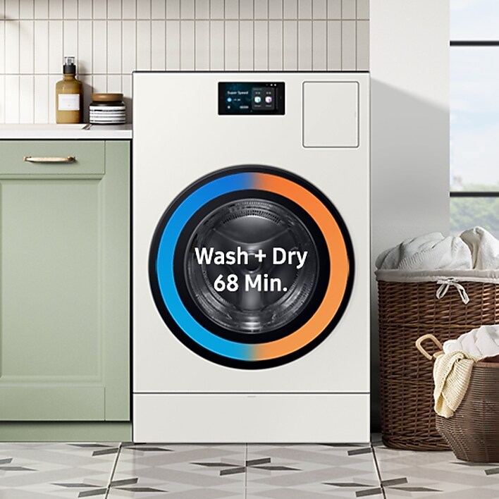 Front view of Vented All-In-One Washer and Dryer Combo showing fast laundry cycle Front view of Vented All-In-One Washer and Dryer Combo showing fast laundry cycle