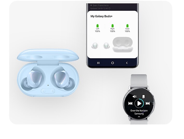 One step to connect From above we see 3 products. The Galaxy Buds+ in their case with the lid open. A phone from the Galaxy S20 series with a pop-up notification showing the battery life of the Galaxy Buds+ case and left and right Galaxy Buds+. And the Galaxy smartwatch connected to the Galaxy Buds+